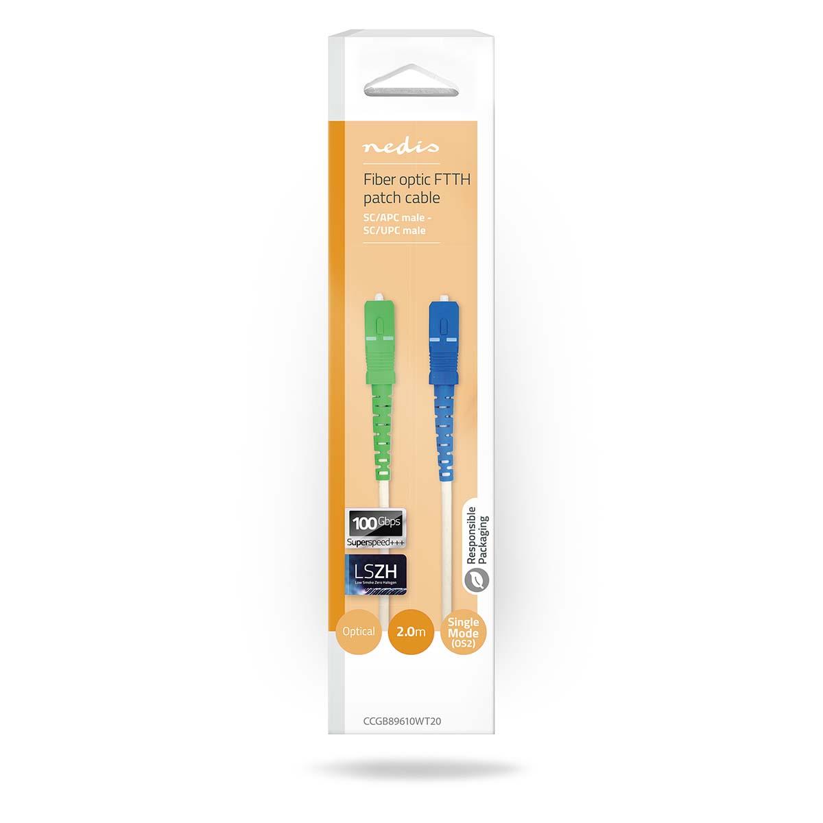Nedis CCGB89610WT20 | Glass Fiber Patch Cable | SMF (Single Mode Phase) | SC/APC | SC/UPC | 100 Gbps | 2.00 m | White | Gift Box with Euro Lock