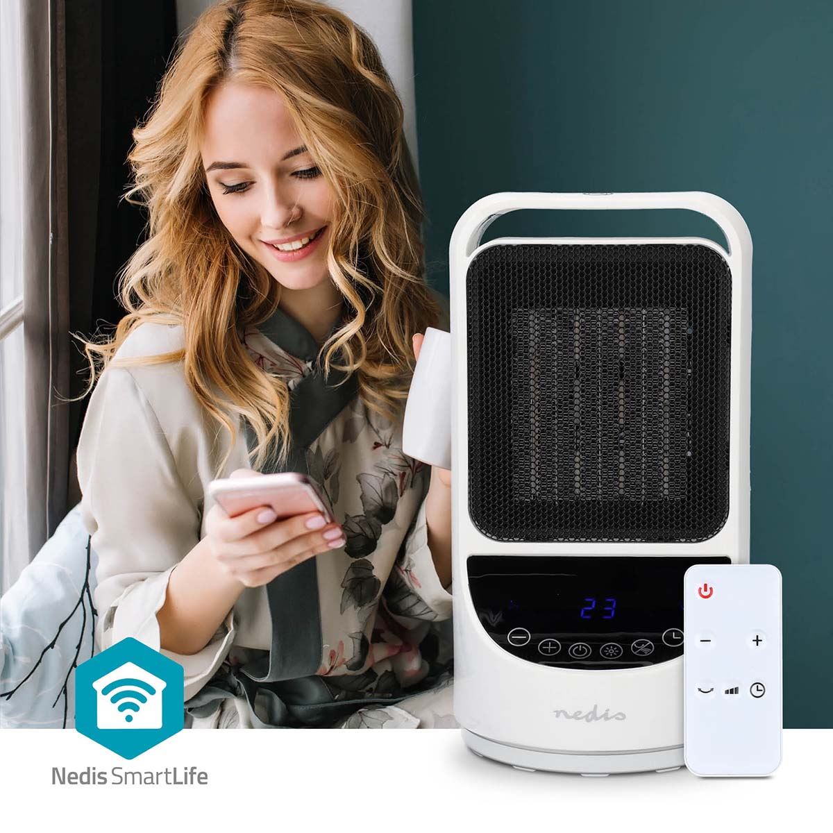 Nedis SmartLife Ceramic PTC Fan Heater | Wi-Fi | 1500 W | 2 Heat Settings | Oscillation | Display | 10 - 49 °C | Android™ / IOS | White