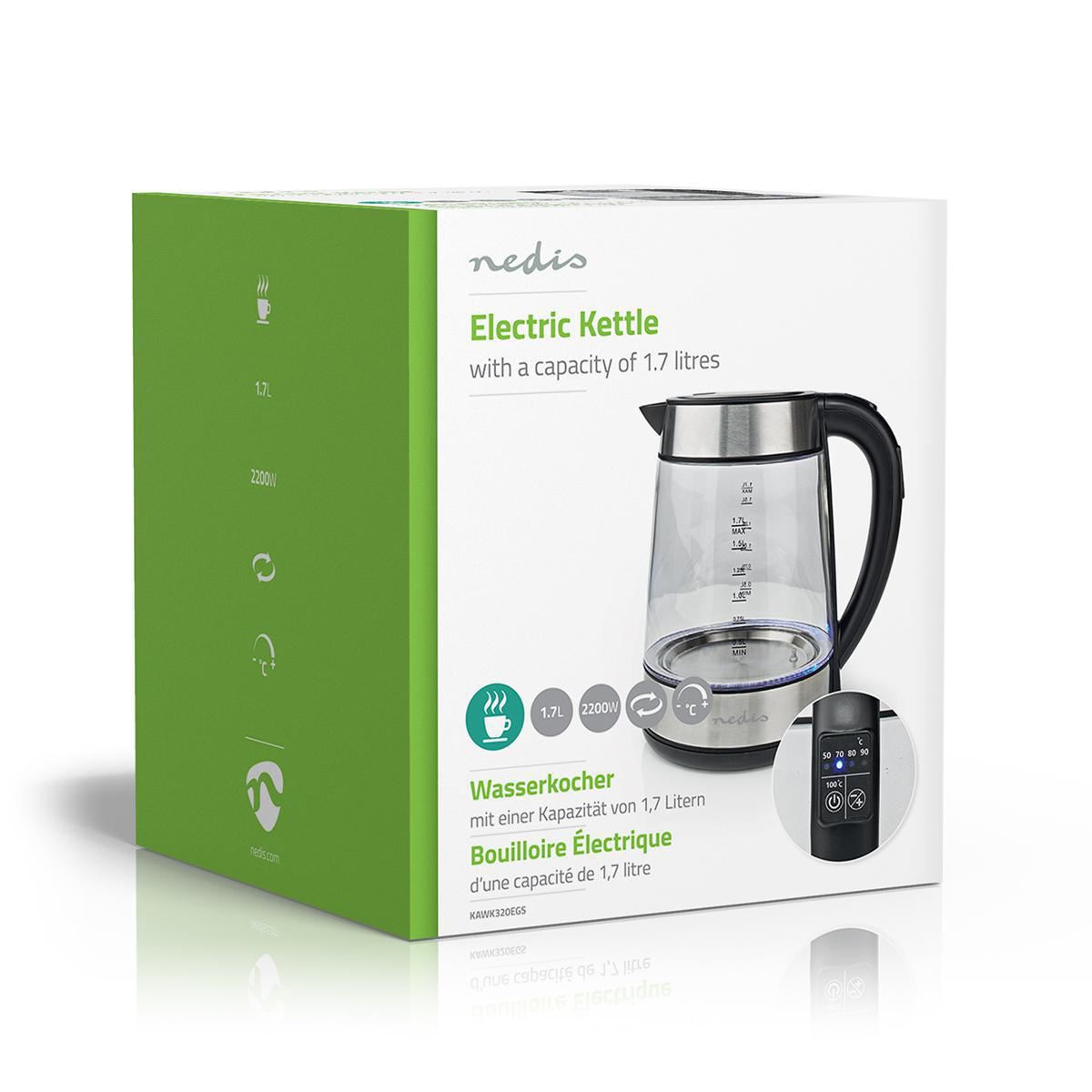 Nedis Electric Kettle | 1.7 l | Glass | Transparent | 60,70,80,90,100 °C | Temperature indicator | Rotatable 360 degrees | Concealed heating element | Strix® controller | Boil-dry protection