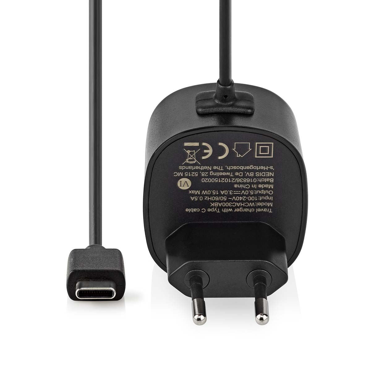 Nedis Wall Charger | 15 W | Quick charge feature | 1x 3.0 A | Number of outputs: 1 | USB-C™ (Fixed) Cable | 1.50 m | Single Voltage Output | Black
