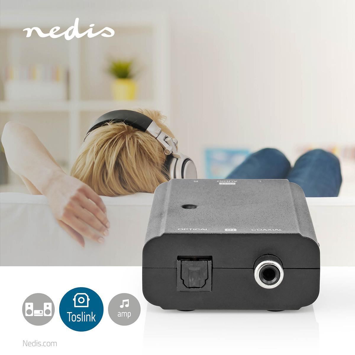 Nedis Digital Audio Converter | 2-way | Connection input: 1x S/PDIF (RCA) Female / 1x TosLink Female | Connection output: 2x RCA Male | ARC | Manual | Black