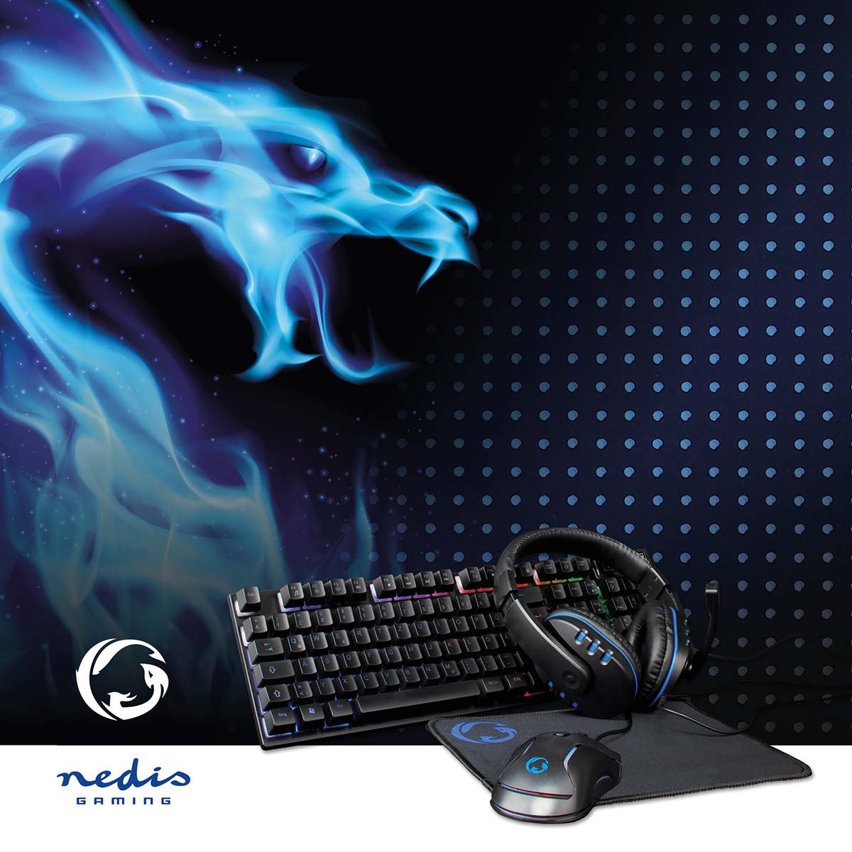 Nedis Gaming Combo Kit | 5-in-1 | Keyboard, Headset, Mouse and Mouse Pad | Black | QWERTZ | DE Layout