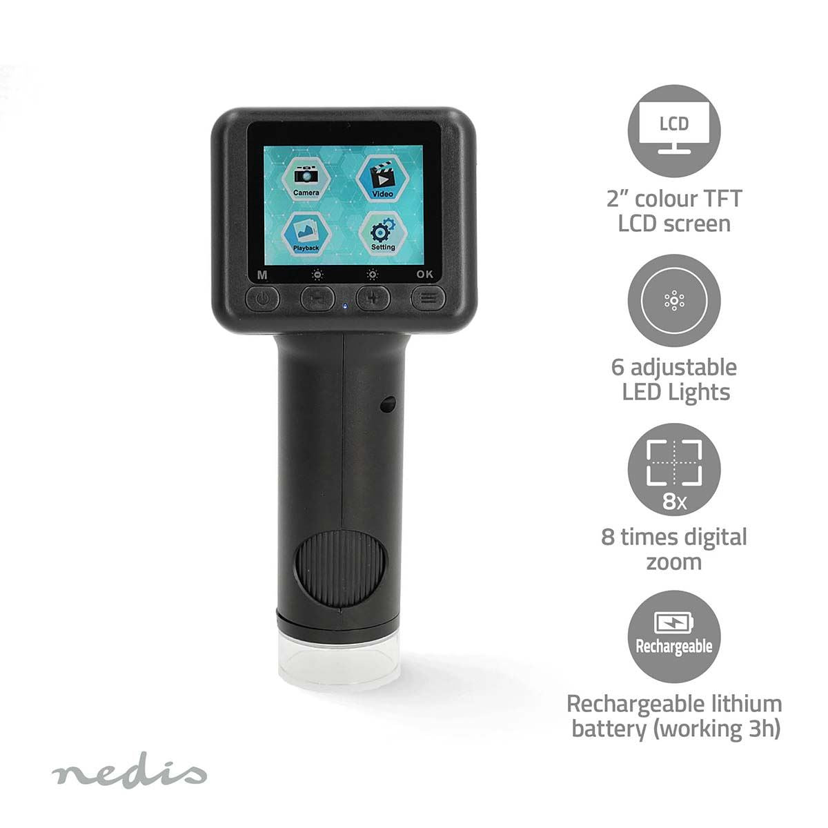 Nedis Microscope Camera | Maximum battery play time: 5 hrs | Built-in microphone | 1080P | up to 48MP | 2”Inch Screen | Black