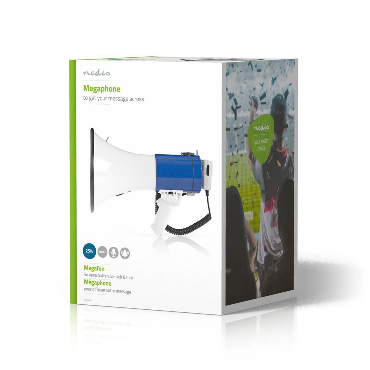 Nedis Megaphone | Maximum range: 1500 m | Maximum Volume control: 120 dB | Detachable Microphone | Built-in siren | Shoulder strap | Blue / White