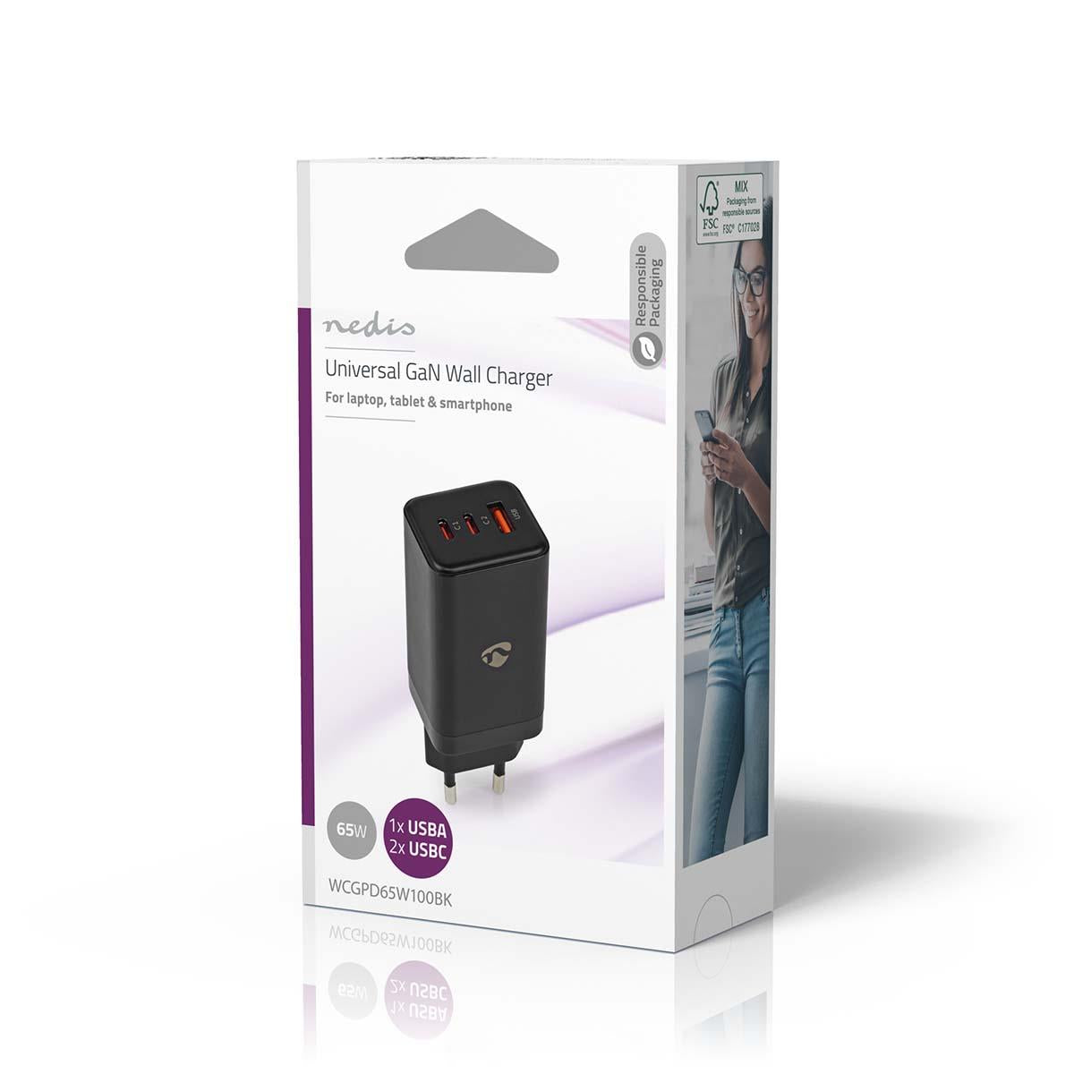 Nedis Wall Charger | 65 W | GaN | Quick charge feature | 3.0 / 3.25 A | Number of outputs: 3 | USB-A / 2x USB-C™ | Automatic Voltage Selection | Black
