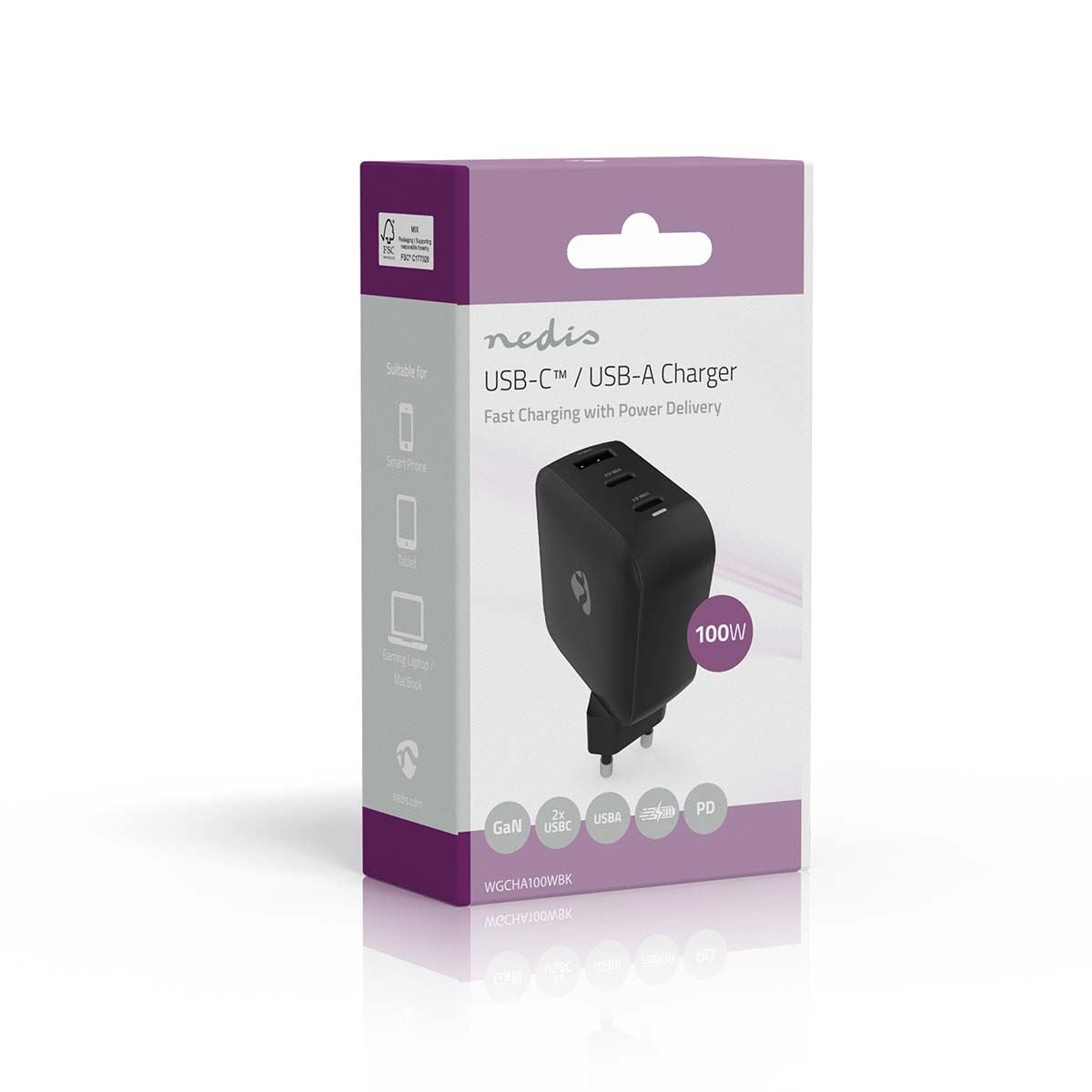 Nedis Wall Charger | 100 W | GaN | PD3.0 | Quick charge feature | 2.5 / 3.0 / 5.0 A | Number of outputs: 3 | USB-A / 2x USB-C™ | Automatic Voltage Selection | Black