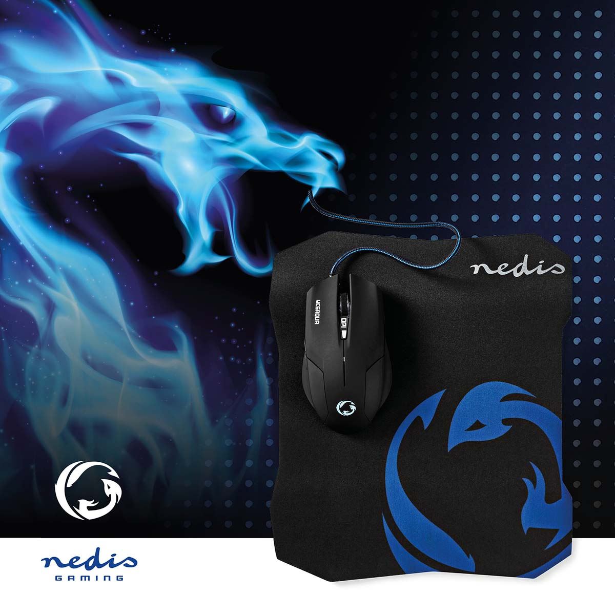 Nedis Gaming Mouse & Mouse Pad Set | Wired | 800 / 1200 / 1600 dpi | Adjustable DPI | Number of buttons: 6 | Right-Handed | 1.50 m | Normal Lighting