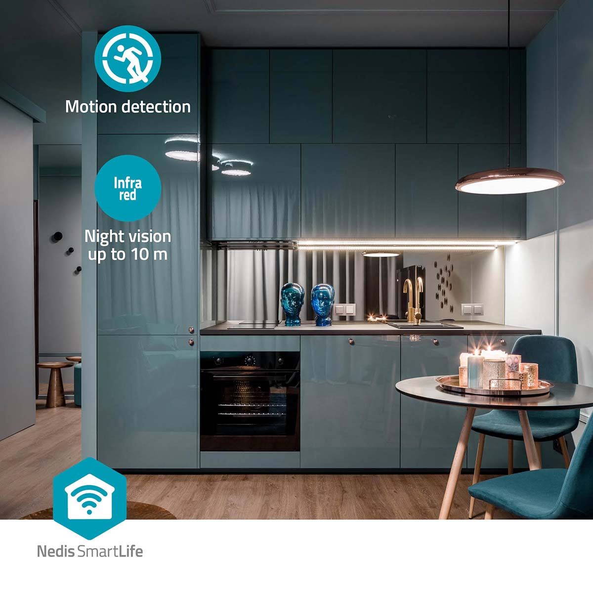 Nedis SmartLife Indoor Camera | Wi-Fi | Full HD 1080p | Pan tilt | Cloud Storage (optional) / microSD (not included) | With motion sensor | Night vision | Grey / White