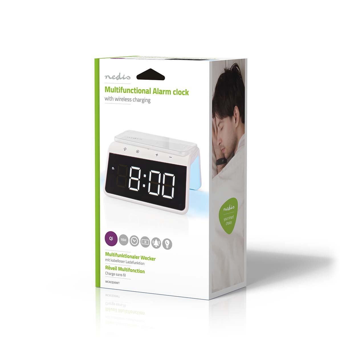 Nedis Alarm clock with wireless charging | Qi certified | 5 / 7.5 / 10 / 15 W | USB-A Male | Night Light | 2 Alarm Times | Snooze function
