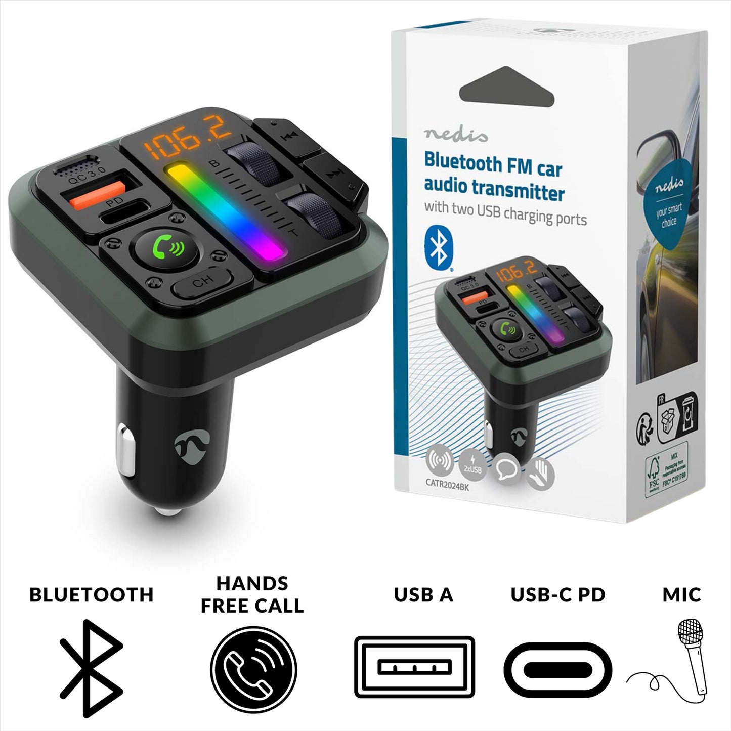 Nedis Car FM Transmitter | Fixed | Hands free calling | 1 " | Amber Screen | Bluetooth® | PD 18 W / PD 24 W | Fast charging | Bass boost | Google Assistant / Siri | Black