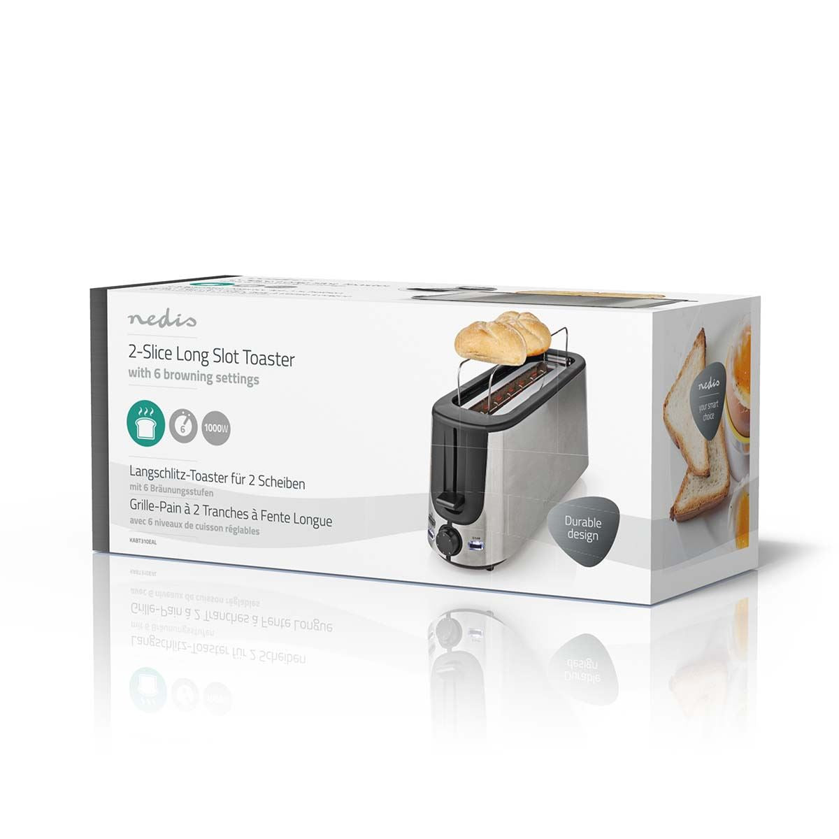 Nedis Toaster | Stainless Steel Series | 2 Bread Slices | 1 Long Slot | Browning levels: 6 | Defrost feature | Bun rack | Aluminium
