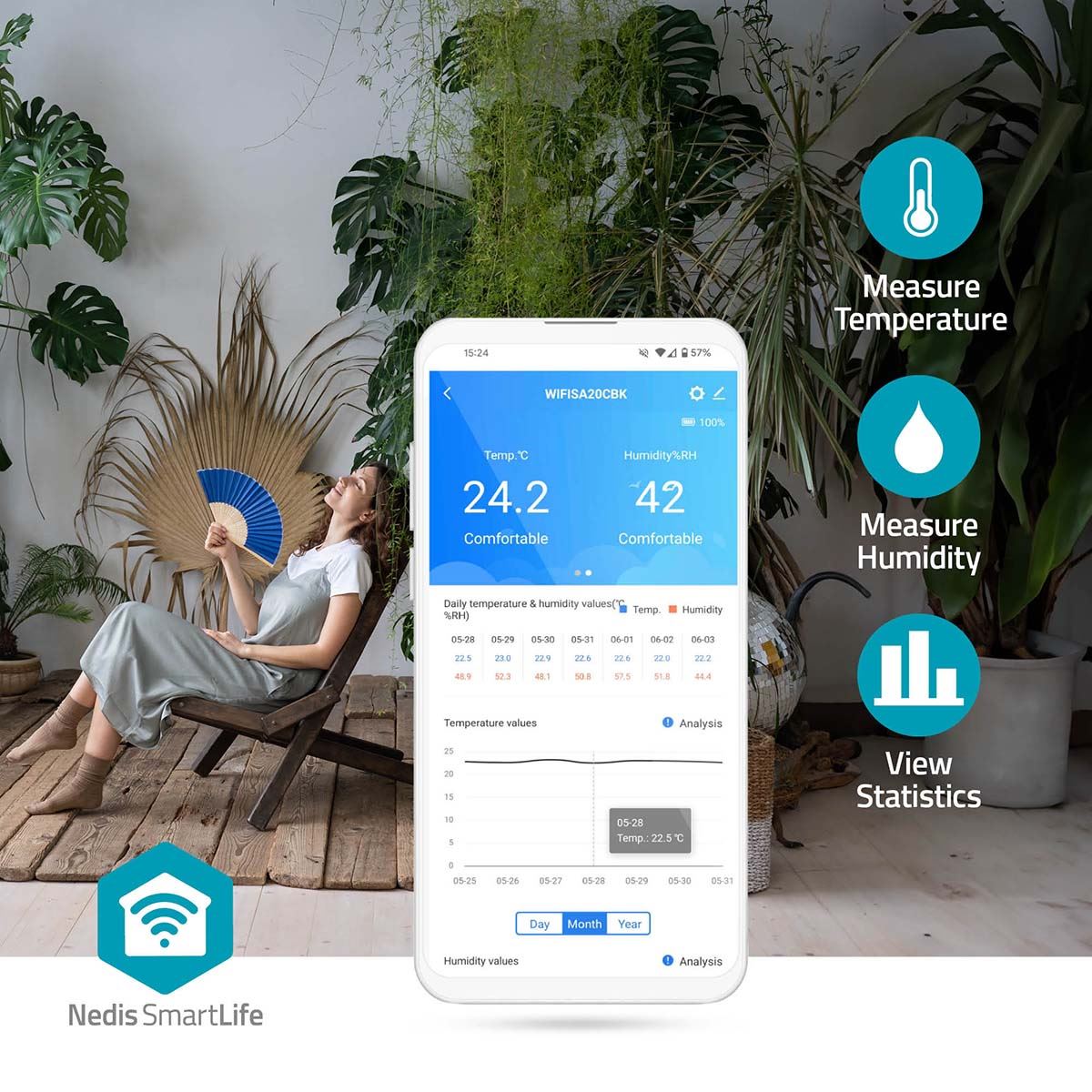 Nedis SmartLife Air Quality Monitor | Wi-Fi | Including display | Carbon Dioxide (CO2) / Humidity / Temperature | Android™ / IOS | Black / White