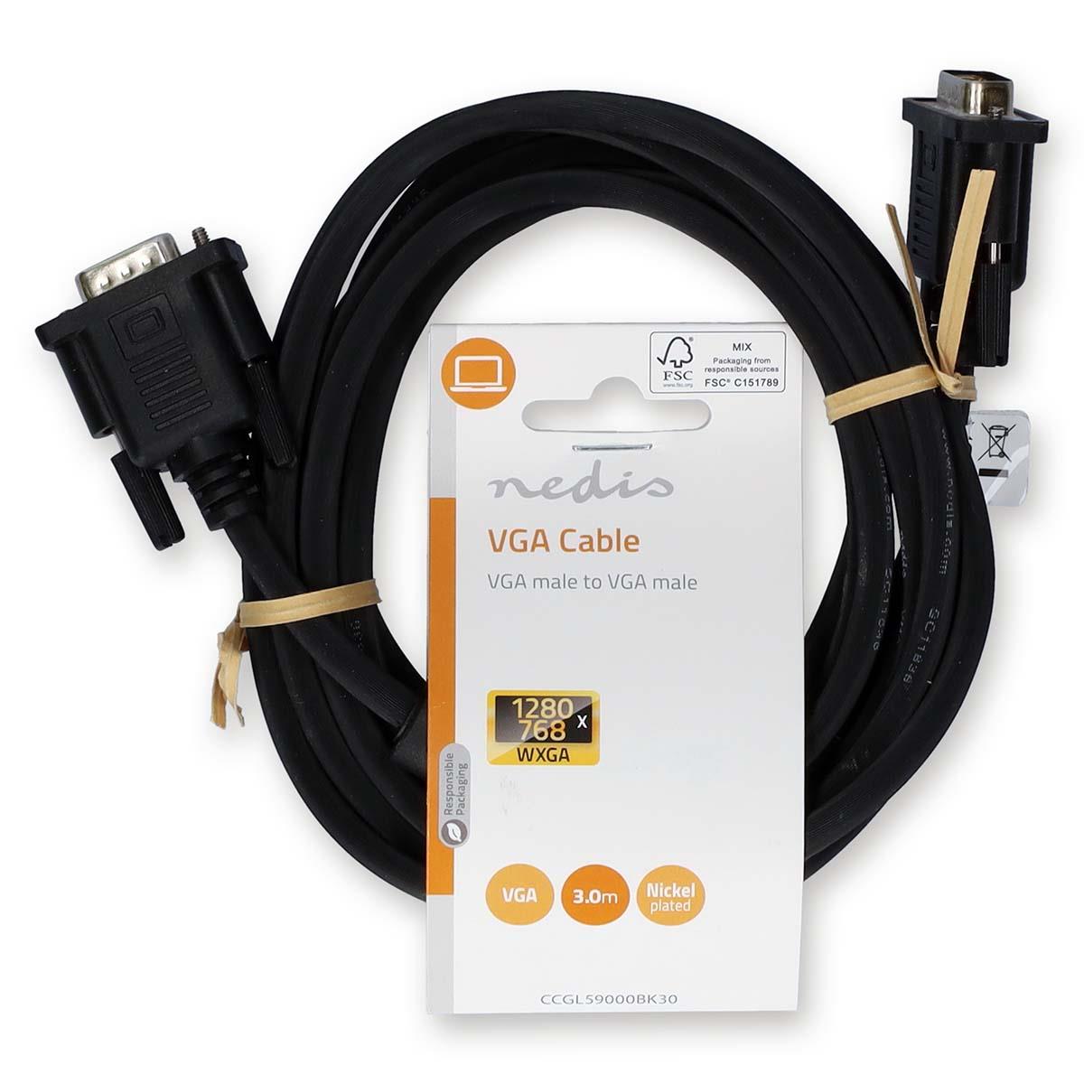 Nedis CCGL59000BK30 | VGA Cable | VGA Male | VGA Male | Nickel Plated | Maximum resolution: 1280x768 | 3.00 m | Round | ABS | Black | Label