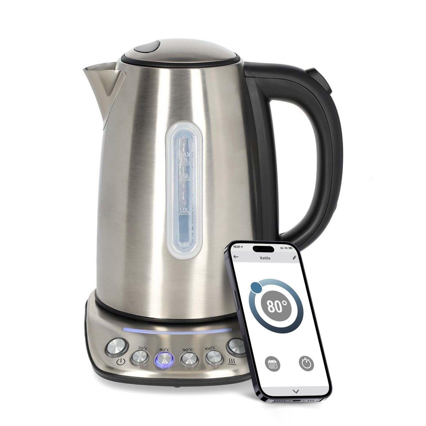Nedis SmartLife Electric Kettle | Wi-Fi | 1.7 l | Stainless Steel | 70,80,90,100 °C | Temperature indicator | Rotatable 360 degrees | Concealed heating element | Strix® controller | Android™ / IOS