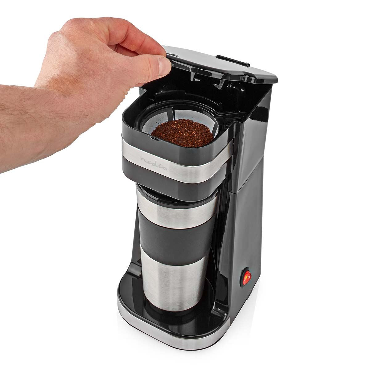Nedis Single Serve Coffee Maker with 400ml Travel Mug, Double Wall Insulated, Stainless Steel, with Reusable Filter