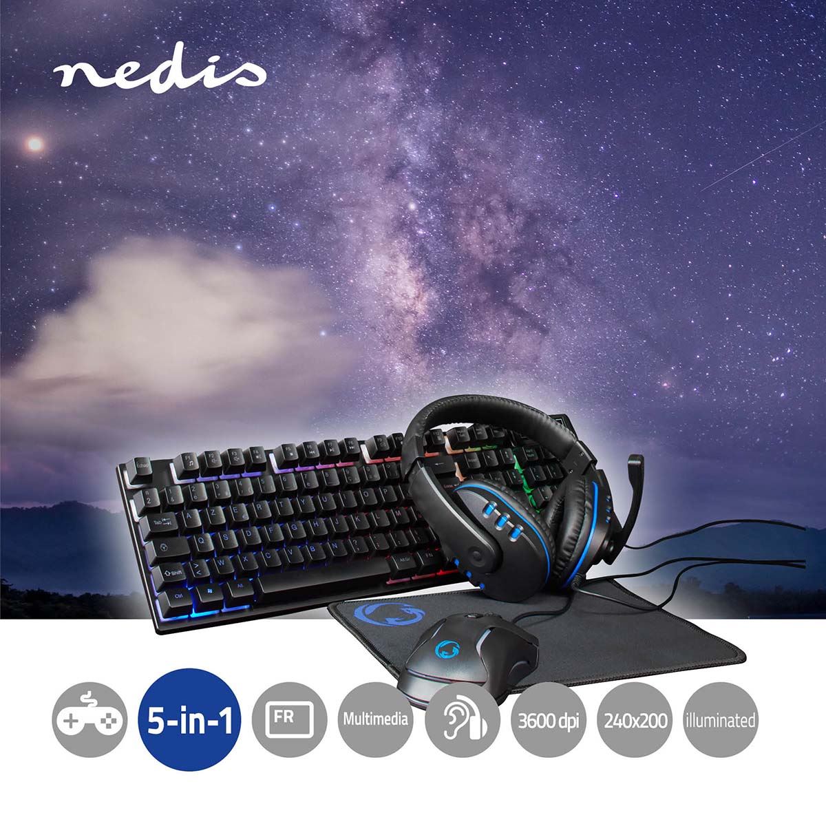Nedis Gaming Combo Kit | 5-in-1 | Keyboard, Headset, Mouse and Mouse Pad | Black | AZERTY | FR Layout
