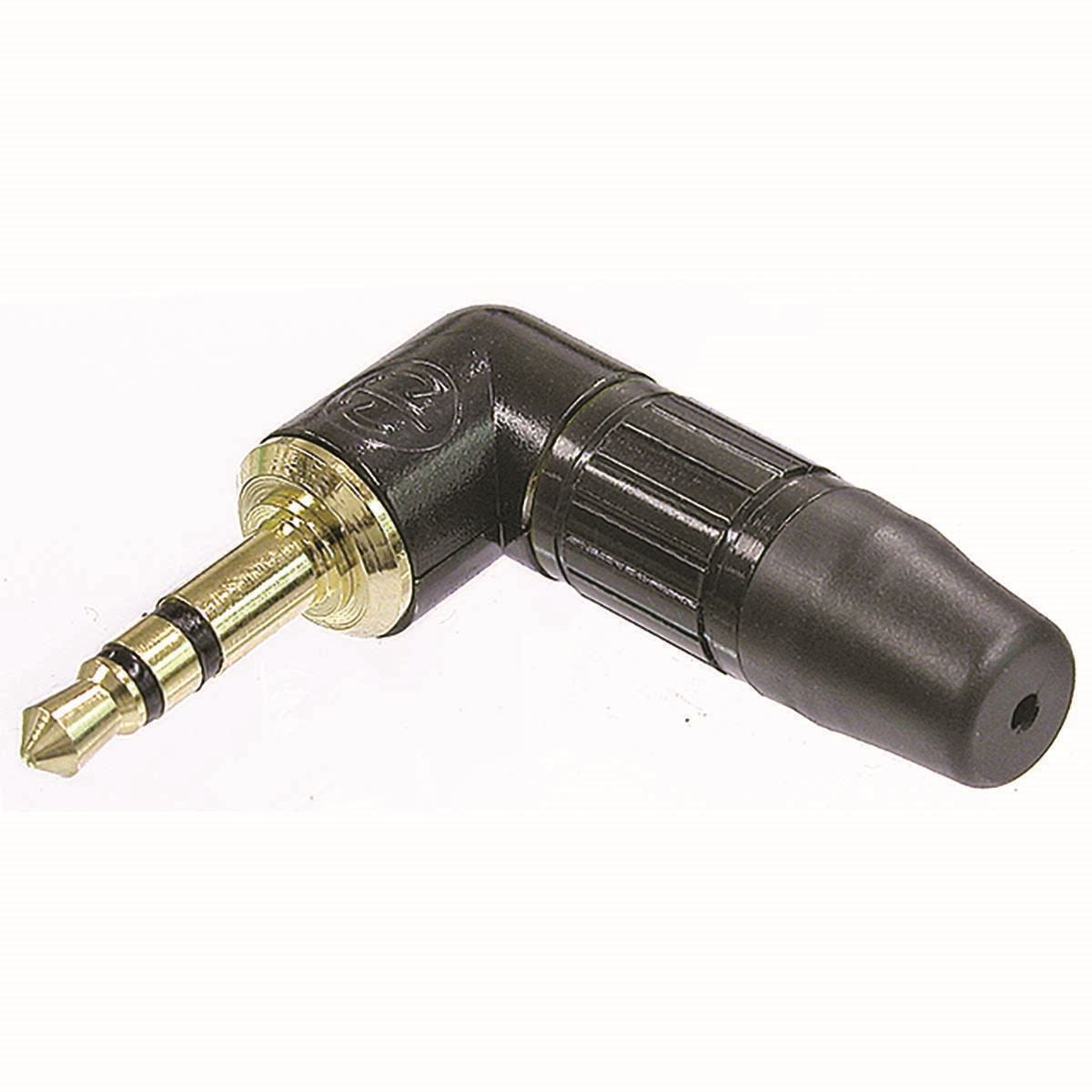 Neutrik 3 pole 3.5 mm audio plug, solder termination, chuck type strain relief, bushing, black housing, gold contacts
