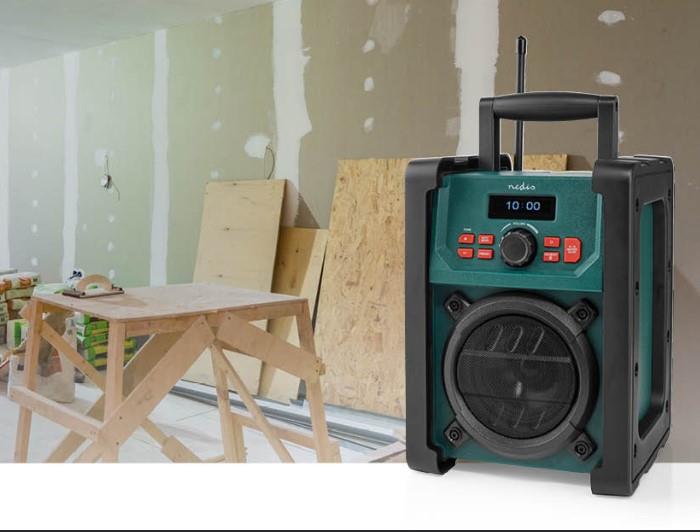 Nedis DAB+ Radio | Jobsite Radio | DAB+ / FM | 2.2 " | Black White Screen | Battery Powered / Mains Powered | Digital | 15 W | Bluetooth® | Alarm clock | Sleep timer | IP65 | Carrying handle | Black / Green