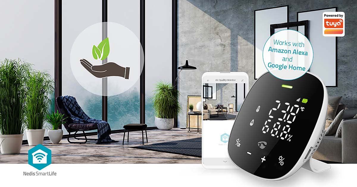 Nedis SmartLife Air Quality Monitor | Wi-Fi | Including display | Carbon Dioxide (CO2) / Humidity / Temperature | Android™ / IOS | Black / White