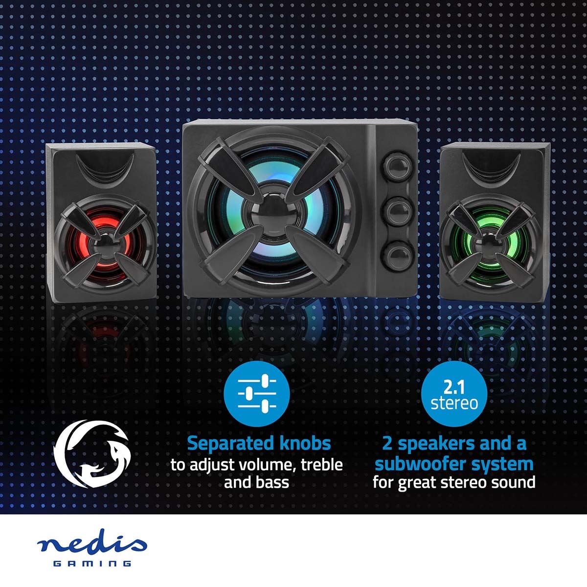 Nedis Gaming Speaker | Speaker channels: 2.1 | USB Powered | 3.5 mm Male | 33 W | LED | Volume control