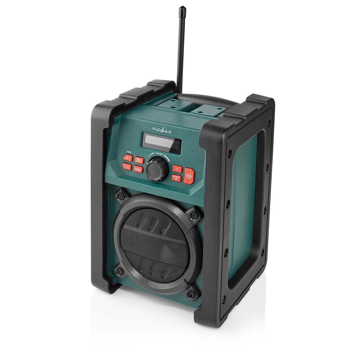 Nedis DAB+ Radio | Jobsite Radio | DAB+ / FM | 2.2 " | Black White Screen | Battery Powered / Mains Powered | Digital | 15 W | Bluetooth® | Alarm clock | Sleep timer | IP65 | Carrying handle | Black / Green