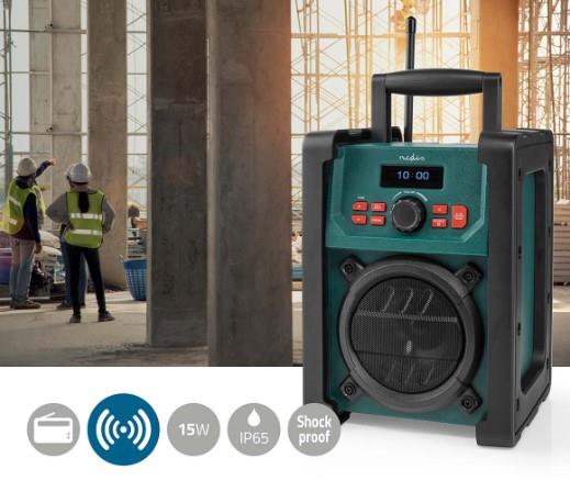 Nedis DAB+ Radio | Jobsite Radio | DAB+ / FM | 2.2 " | Black White Screen | Battery Powered / Mains Powered | Digital | 15 W | Bluetooth® | Alarm clock | Sleep timer | IP65 | Carrying handle | Black / Green