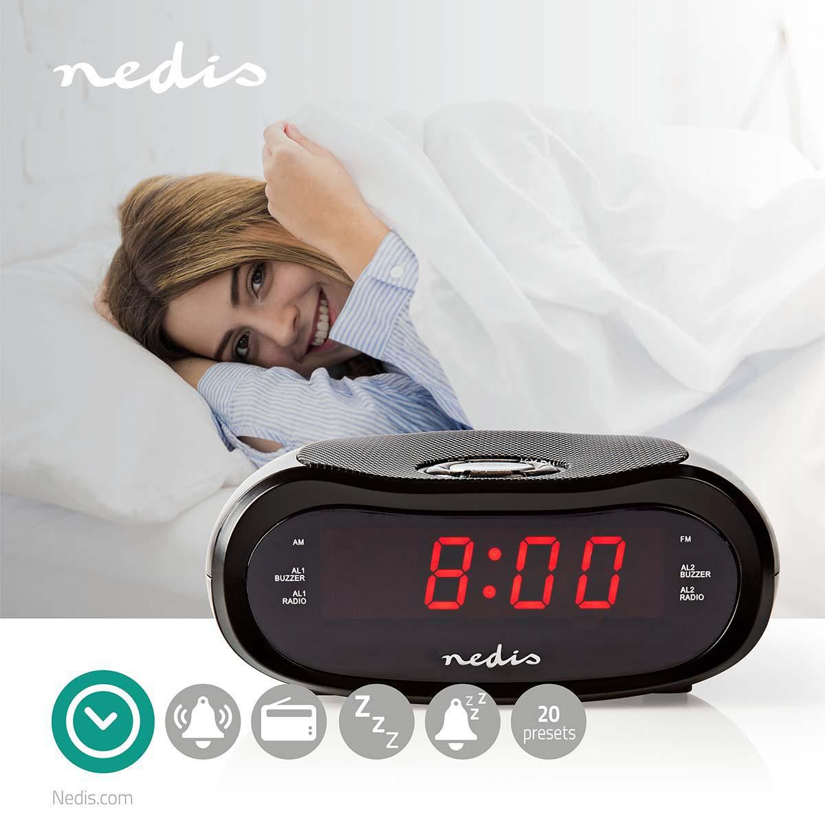 Nedis Digital Alarm Clock Radio | LED Display | AM / FM | Snooze function | Sleep timer | Number of alarms: 2 | Black
