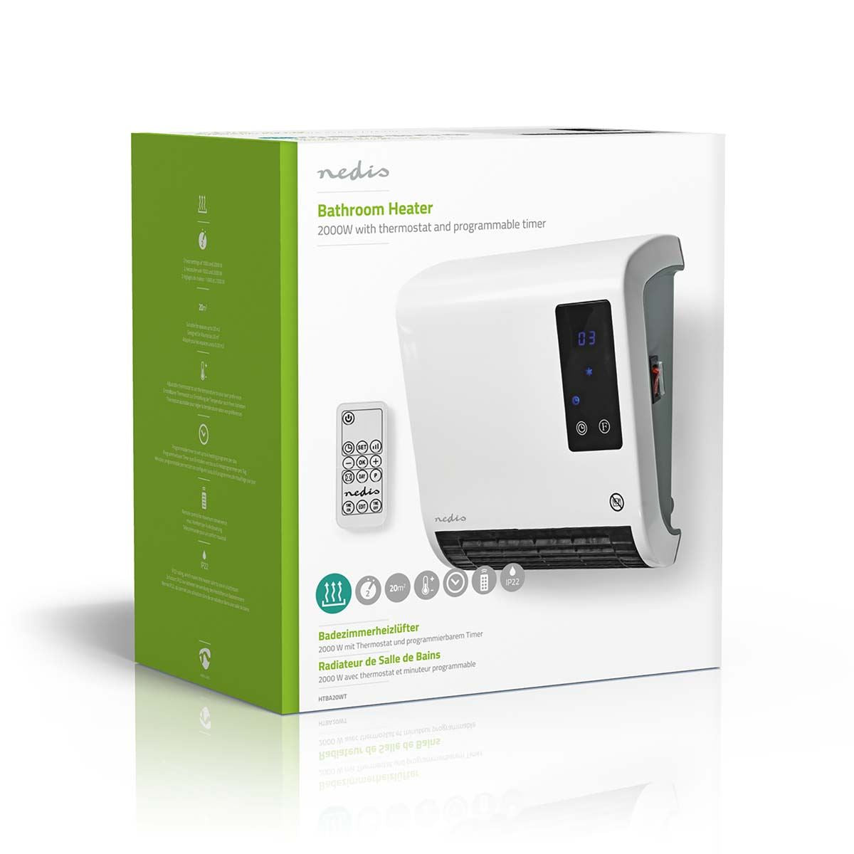 Nedis Bathroom Heater | 2000 W | Adjustable thermostat | 2 Heat Modes | IP22 | Remote control | White