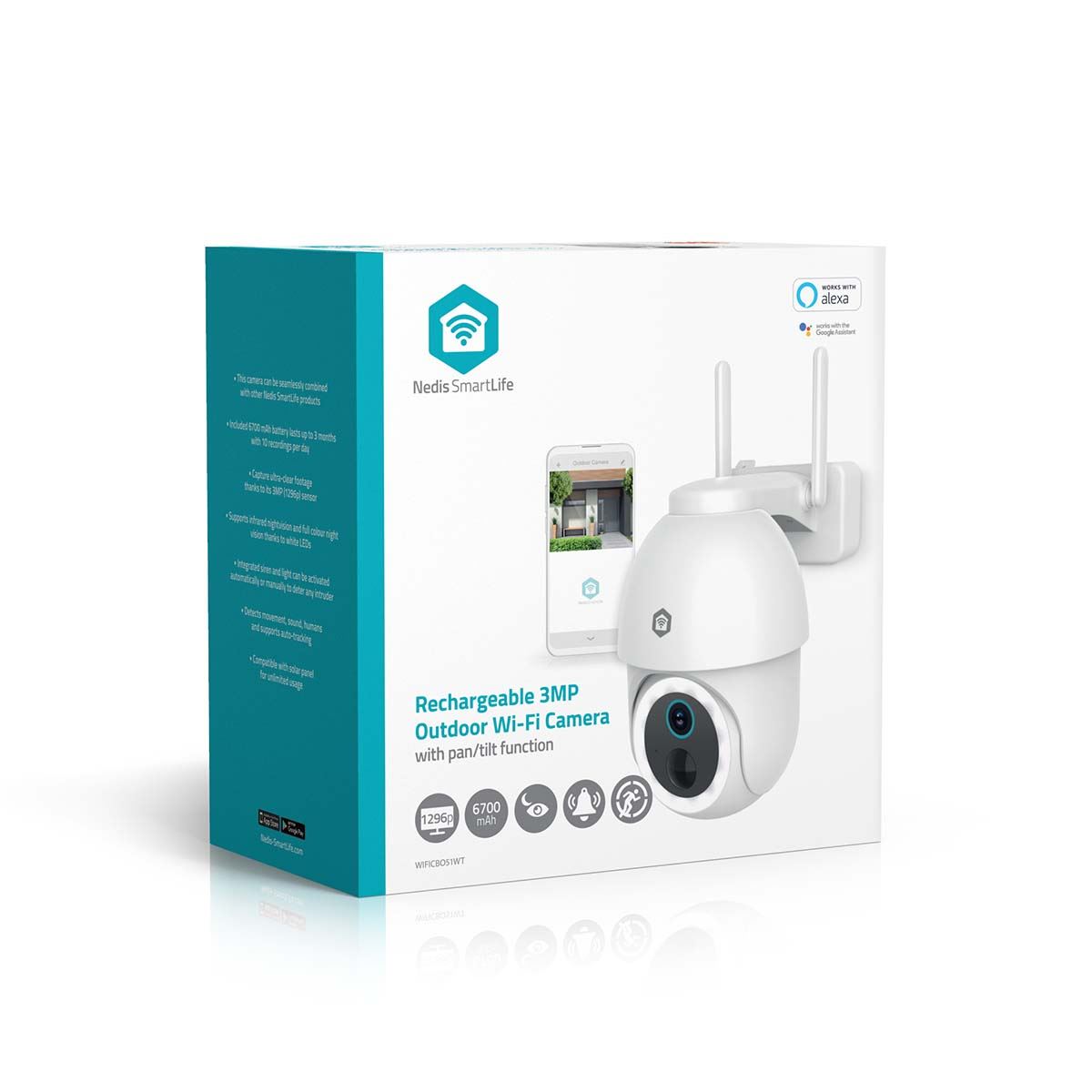 Nedis SmartLife Outdoor Camera | Spotlight | 3MP Full HD 1296p | Pan tilt | IP65 | Max. battery life: 3 Months | Cloud Storage (optional) / microSD (not included) | 5 V DC | With motion sensor | Night vision | White