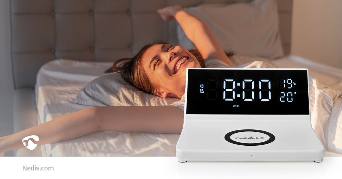 Nedis Alarm clock with wireless charging | Qi certified | 5 / 7.5 / 10 / 15 W | USB-A Male | 2 Alarm Times | Snooze function