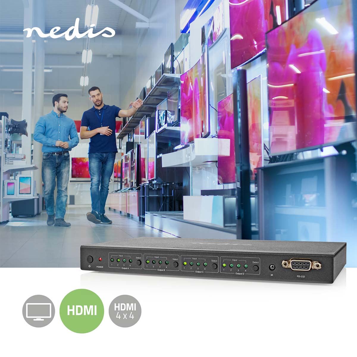 Nedis HDMI™ Matrix Switch | 4 x 4 port(s) | DC Power / 1x RS232 / 4x HDMI™ Input | 4x HDMI™ Output | 4K@60Hz | 18 Gbps | Remote controlled | Metal | Black