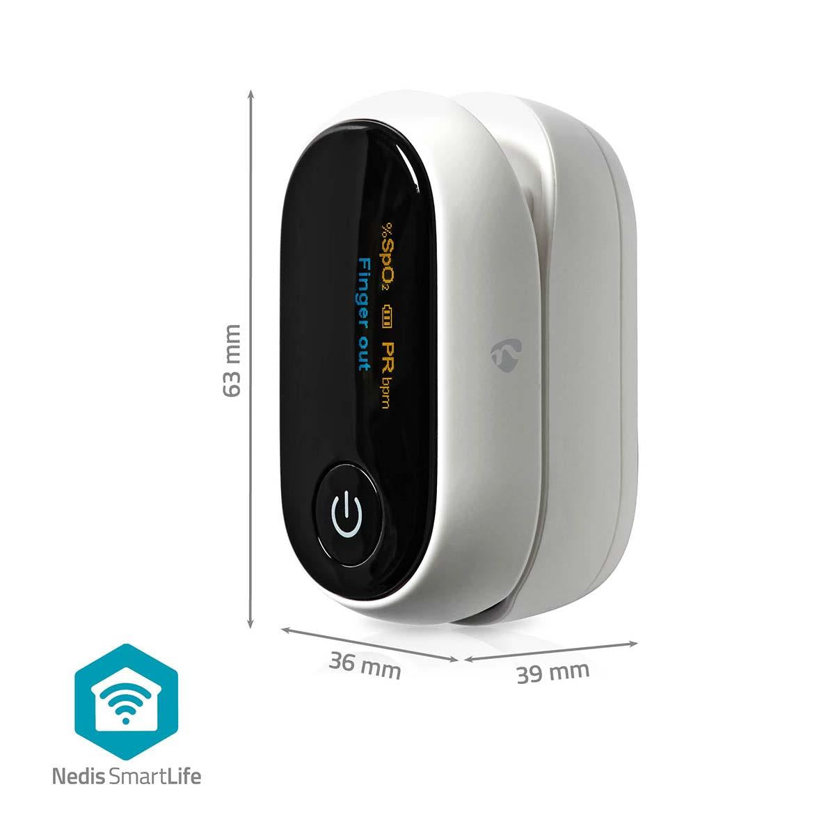 Nedis SmartLife Pulse Oximeter | Bluetooth® | OLED Display | Anti-movement interference / Auditory alarm / High precision sensor / Oxygen saturation (SpO2) / Perfusion index (PI) / Pulse rate (PR) | White