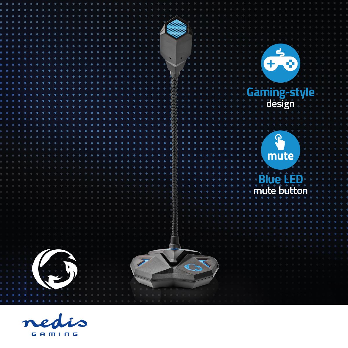 Nedis Streaming & Gaming Microphone | Used for: Desktop / Notebook | USB | Connection output: 1x 3.5 mm Audio Out | On/Off switch | Headphone output