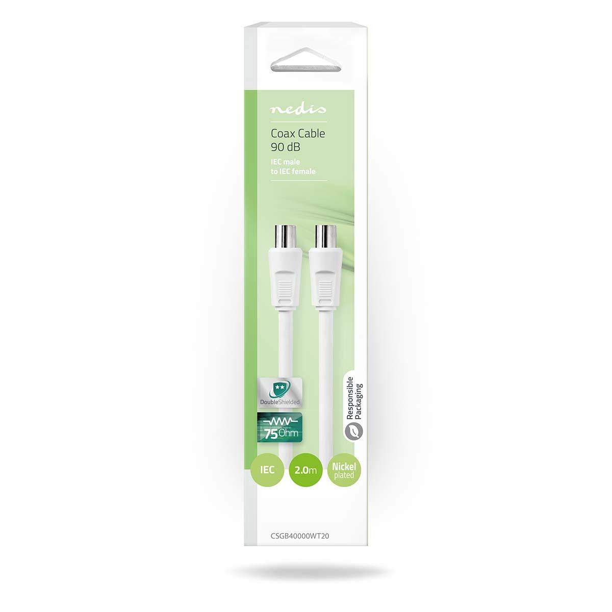 Nedis Coax Cable | IEC (Coax) Male | IEC (Coax) Female | Nickel Plated | 90 dB | 75 Ohm | Double Shielded | 2.00 m | Round | PVC | White | Box