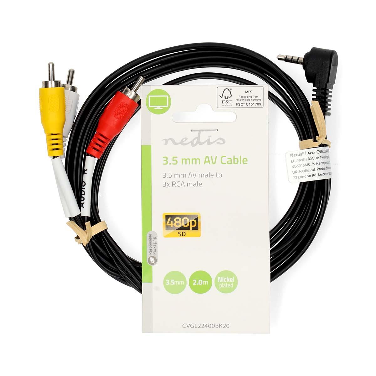 Nedis Audio Video Cable | 3.5 mm Male | 3x RCA Male | Nickel Plated | 2.00 m | Round | PVC | Black