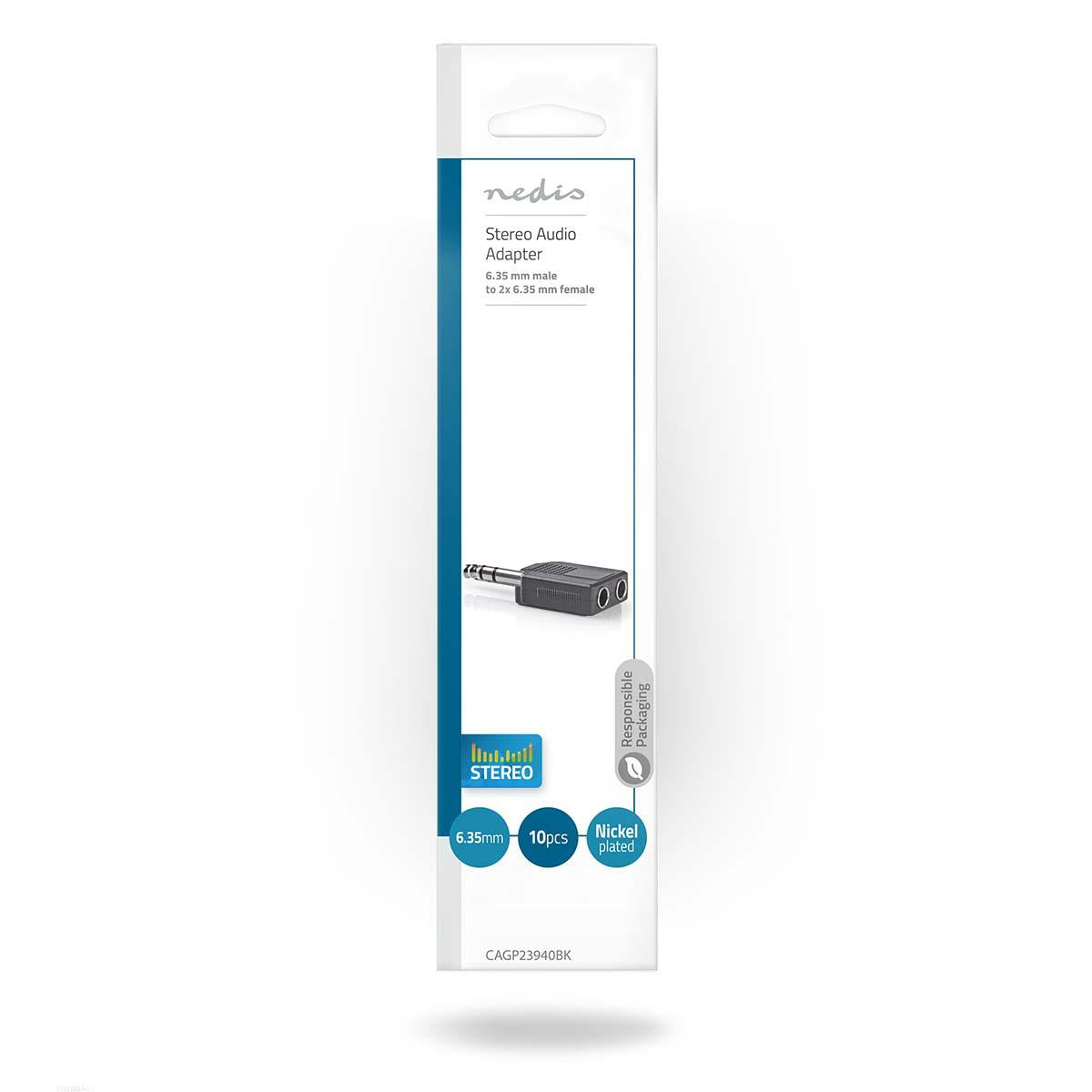 Nedis Stereo Audio Adapter | 6.35 mm Male | 2x 6.35 mm Female | Nickel Plated | Straight | ABS | Black | 10 pcs | Envelope