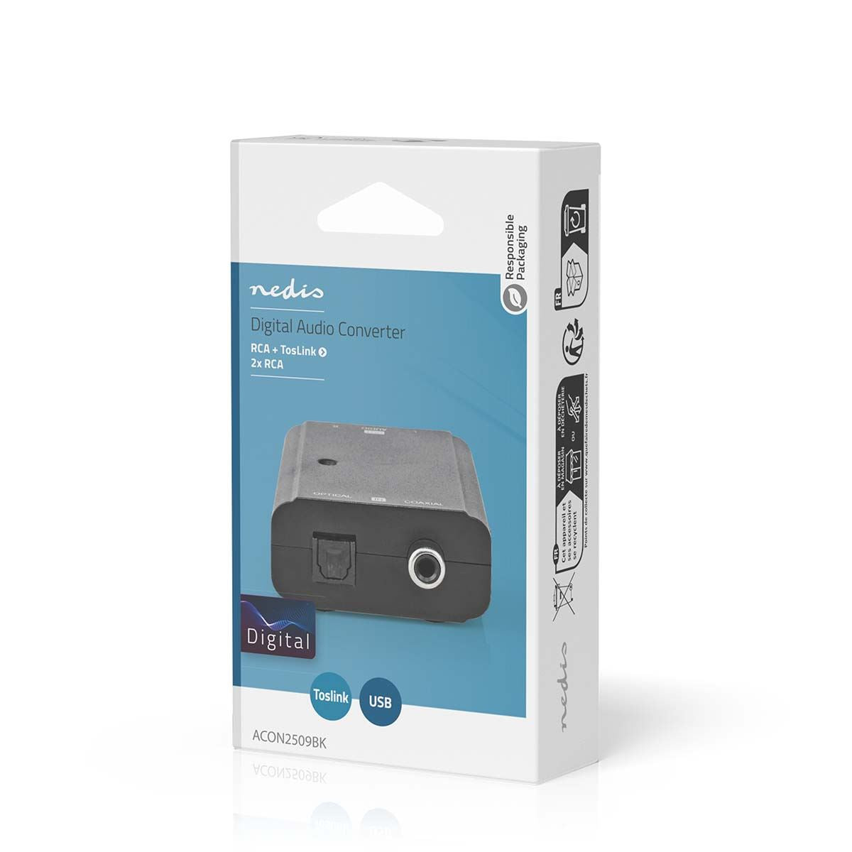 Nedis Digital Audio Converter | 2-way | Connection input: 1x S/PDIF (RCA) Female / 1x TosLink Female | Connection output: 2x RCA Male | ARC | Manual | Black
