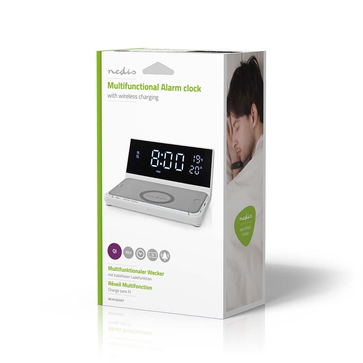 Nedis Alarm clock with wireless charging | Qi certified | 5 / 7.5 / 10 / 15 W | USB-A Male | 2 Alarm Times | Snooze function