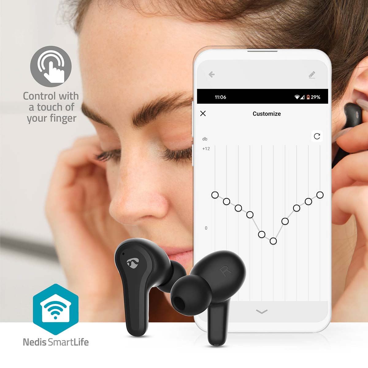 Nedis Fully Wireless Earphones | Hybrid (ENC + ANC) | Bluetooth® | Maximum battery play time: 36 hrs | Touch Control | Charging case | Wireless charging case | Built-in microphone | Voice control support | Black
