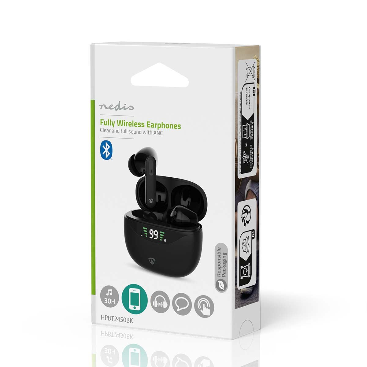 Nedis Fully Wireless Earphones | ANC (Active Noise Cancelling) | Bluetooth® | Maximum battery play time: 30 hrs | Touch Control | Charging case | Wireless charging case | Built-in microphone | Voice control support | Black