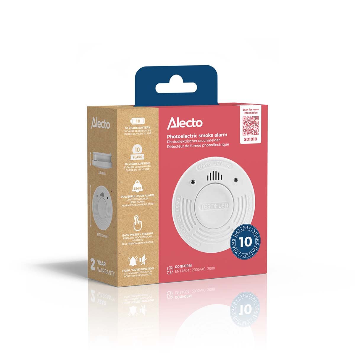Alecto SD1010 | Smoke detector with Runtime Sensor | >85 dB | 10 Year Battery Included | EN14604:2005/AC:2008 | White