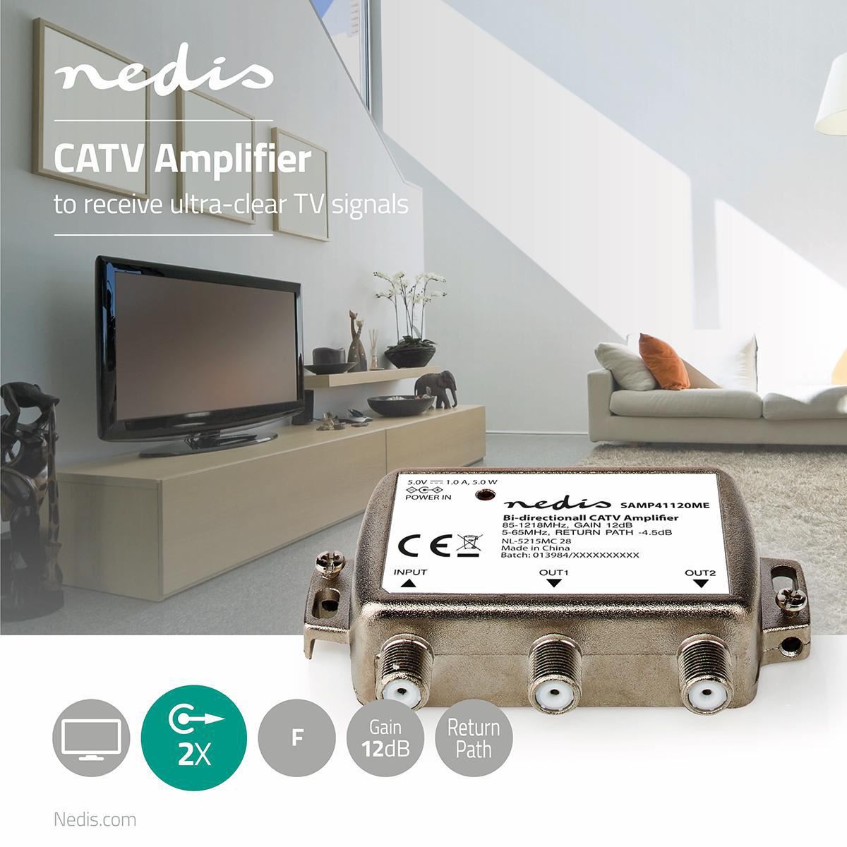 Nedis CATV Amplifier | Gain: 12 dB | 85 - 1218 MHz | Number of outputs: 2 | Return path | Silver
