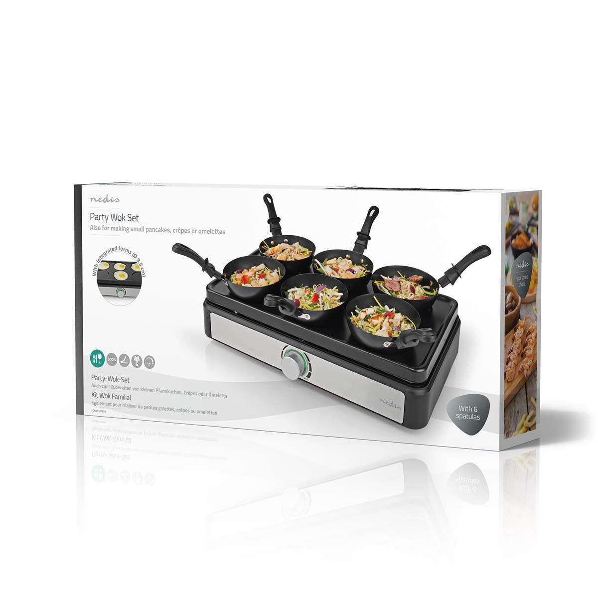 Nedis Party Wok Set | Grill | 6 Persons | Spatula | Temperature setting | Non stick coating | Rectangle