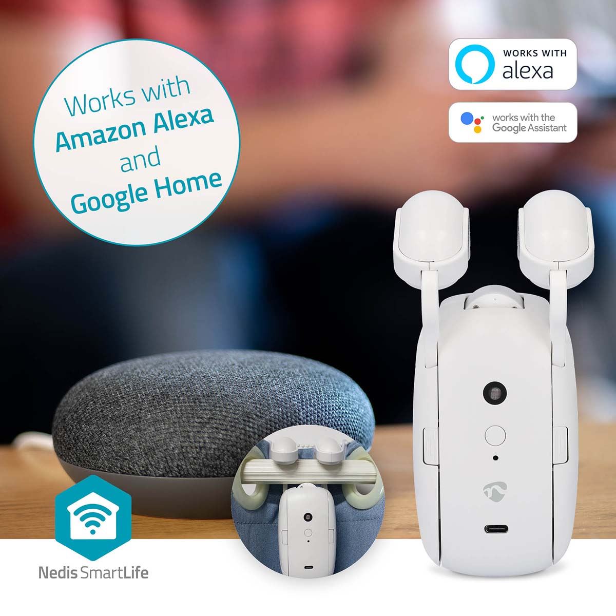 Nedis SmartLife Curtain Robot | Rod Rail | Curtains / Drapes | Battery Powered / USB Powered | 4000 mAh | Bluetooth® | White