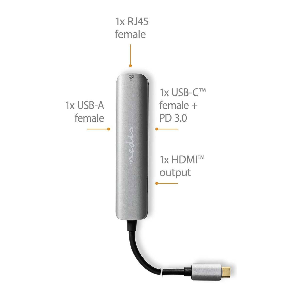 Nedis USB Multi-Port Adapter | USB 3.2 Gen 1 | USB-C™ Male | HDMI™ Output / RJ45 Female / USB-A Female / USB-C™ Female | 5 Gbps | 0.20 m | Round | Gold Plated | PVC | Anthracite | Box