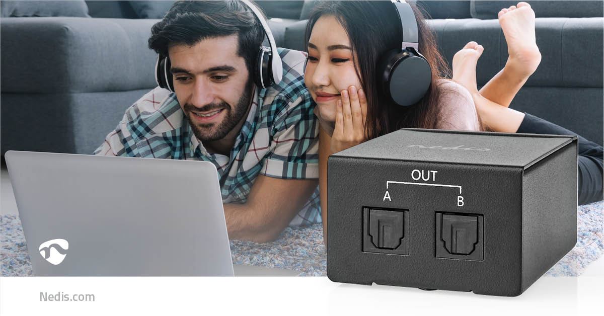 Nedis Digital Audio Splitter | 2-way | Connection input: TosLink Female | Connection output: 2x TosLink | Push Button | Metal | Black