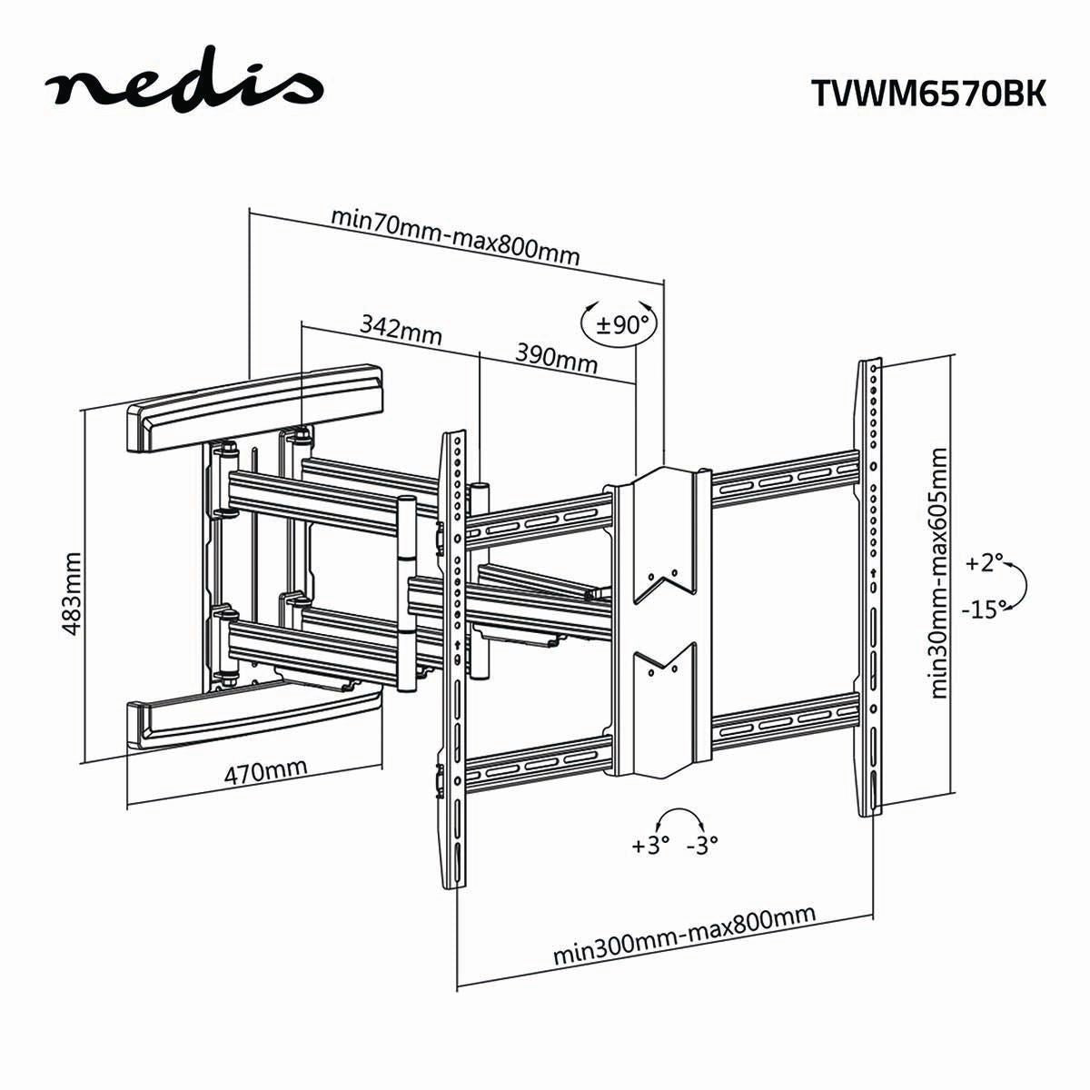 Nedis Full Motion TV Wall Mount | 43 - 100 " | Maximum supported screen weight: 70 kg | Tiltable | Rotatable | Minimum wall distance: 70 mm | Maximum wall distance: 800 mm | 3 Pivot point(s) | Steel | Black