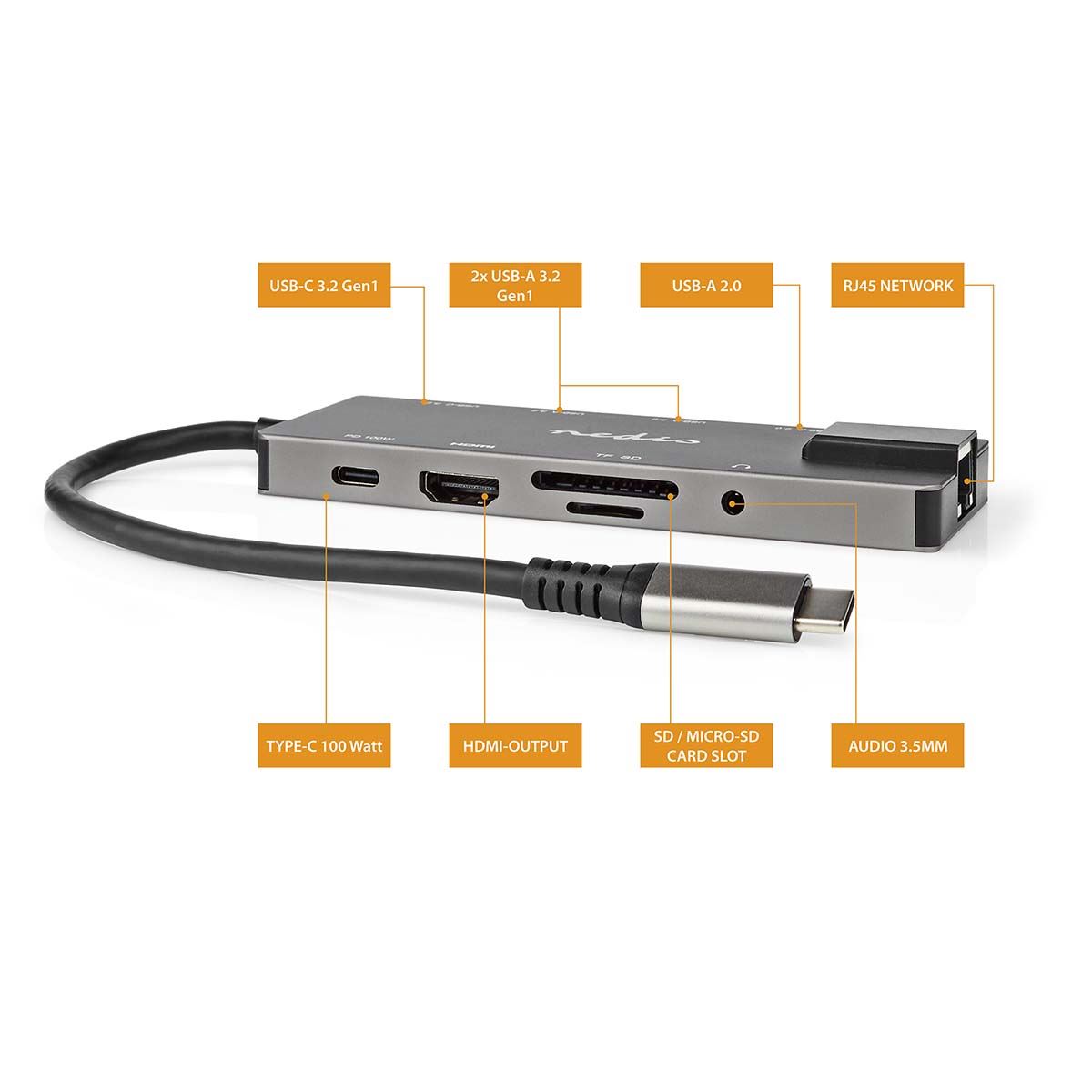 Nedis USB Multi-Port Adapter | USB 3.2 Gen 1 | USB-C™ Male | HDMI™ Output / RJ45 Female / SD / 2x USB-C™ / 3.5 mm Female / 3x USB-A Female | 5 Gbps | 0.20 m | Round | Gold Plated | PVC | Anthracite | Box