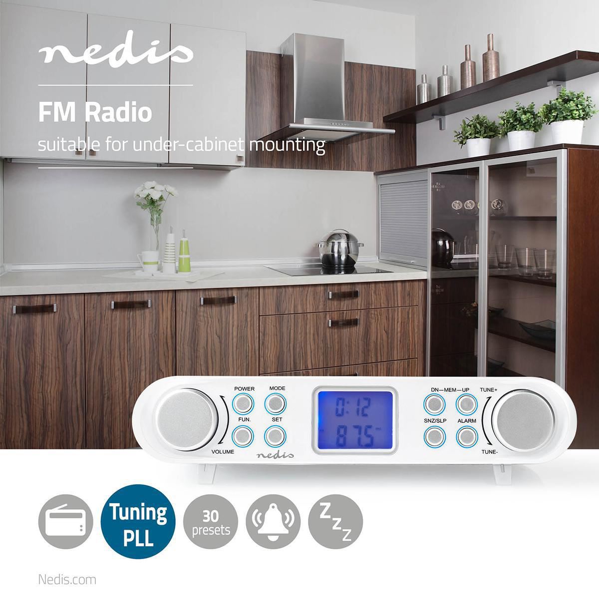 Nedis Kitchen Radio | Cabinet Design | FM | Mains Powered | Digital | 1.5 W | 2 " | Black Blue Screen | Alarm clock | Silver / White