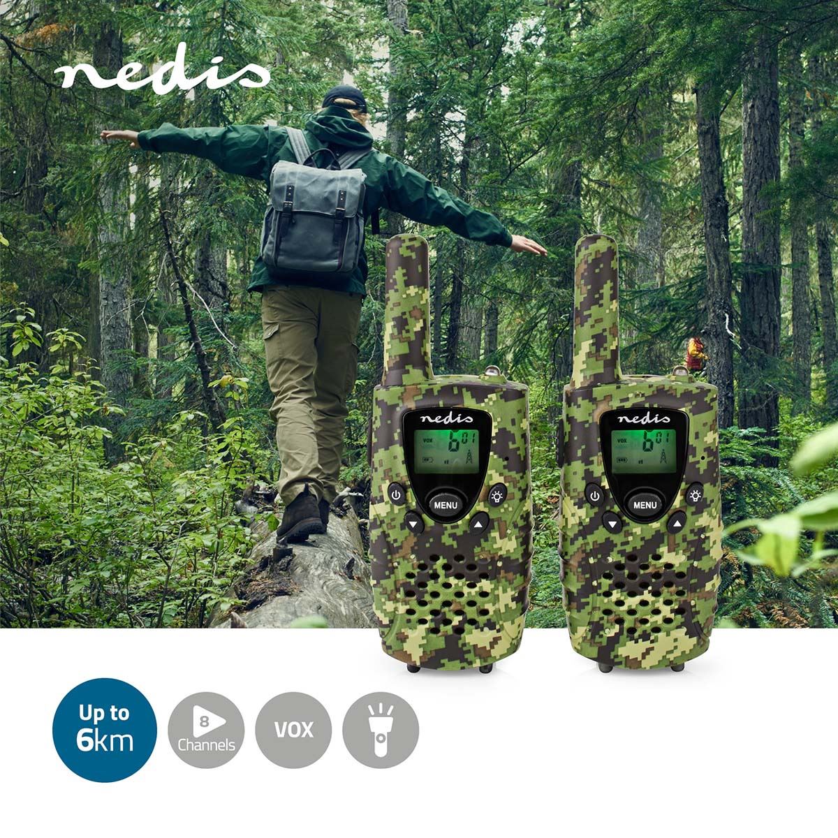 Nedis Walkie-Talkie Set | 2 Handsets | Up to 8 km | Frequency channels: 8 | PTT / VOX | up to 2.5 Hours | Headphone output | 2 Headsets | Travel case included | Green